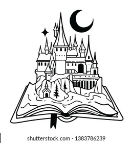 cute amazing castle on book with moon