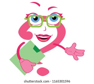 Cute amazing question mark lady character clipboard in hand with glasses on eye woman girl sexy