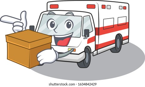 Cute ambulance cartoon character having a box