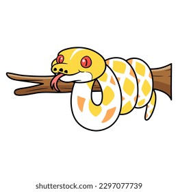 Cute amelanistic reticulated python cartoon on tree branch