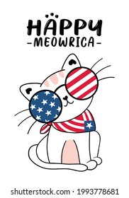 cute Ameowrica cat 4th of July Independence day with stars and stripes glasses, cartoon doodle flat vector illustration kitten 