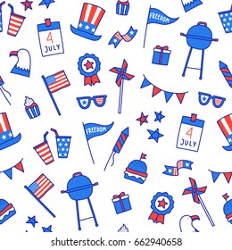 Cute America Independence Day things. Vector hand drawn seamless pattern. Cartoon style background.