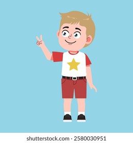 Cute American Boy with Blond Hair Cartoon peace and two hand sign suitable for education purpose