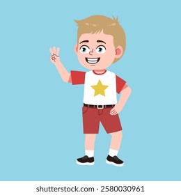 Cute American Boy with Blond Hair Cartoon counting three hand sign suitable for education purpose