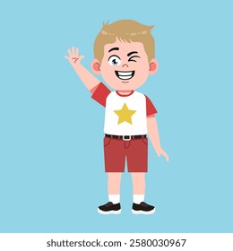 Cute American Boy with Blond Hair Cartoon Wave Hand and say Hello suitable for education purpose