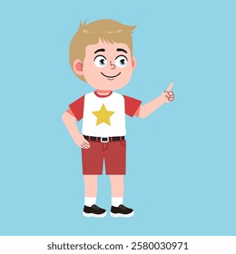 Cute American Boy with Blond Hair Cartoon pointing hand gesture suitable for education purpose