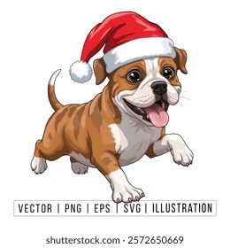 Cute American Bulldog Puppy in Santa Hat - Christmas Cartoon Vector Illustration