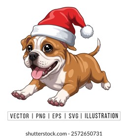 Cute American Bulldog Puppy in Santa Hat - Christmas Cartoon Vector Illustration