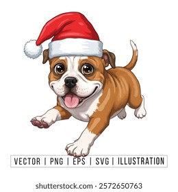 Cute American Bulldog Puppy in Santa Hat - Christmas Cartoon Vector Illustration