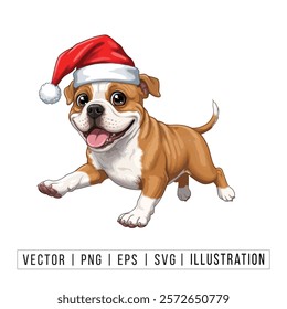 Cute American Bulldog Puppy in Santa Hat - Christmas Cartoon Vector Illustration