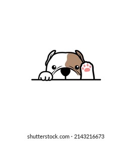 Cute american bully dog peeking and waving paw cartoon, vector illustration