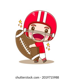 Cute American Football player holding rugby and wearing red helmet chibi cartoon Illustration