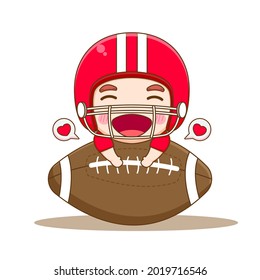 Cute American Football player smiling holding rugby chibi cartoon Illustration