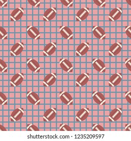 Cute american football vector pattern on checkered pastel background, seamless repeat. Trendy flat illustration style. Retro colored games & sports design element.