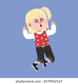 Cute American Girl with Blonde Hair Cartoon Cheerful and excited suitable for education purpose