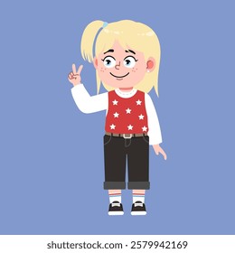 Cute American Girl with Blonde Hair Cartoon peace, counting two hand sign suitable for education purpose