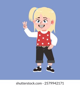 Cute American Girl with Blonde Hair Cartoon counting three hand sign suitable for education purpose