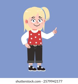 Cute American Girl with Blonde Hair Cartoon Explain and pointing hand suitable for education purpose