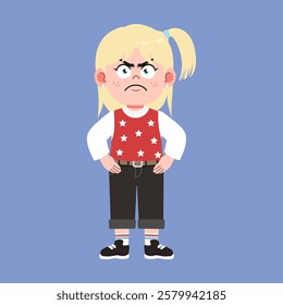 Cute American Girl with Blonde Hair Cartoon Mad and angry suitable for education purpose