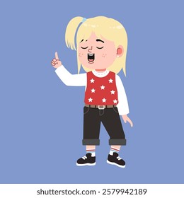 Cute American Girl with Blonde Hair Cartoon explaining with pointing hand gesture suitable for education purpose