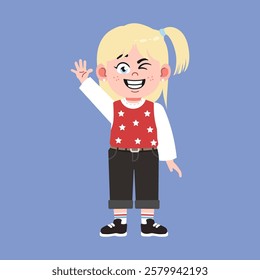 Cute American Girl with Blonde Hair Cartoon Wave Hand say Hello suitable for education purpose