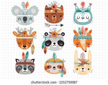 Cute American Indian animals - rabbit, deer, koala, fox, bear, panda, raccoon, owl, sloth Childish characters for your design. Vector illustration.