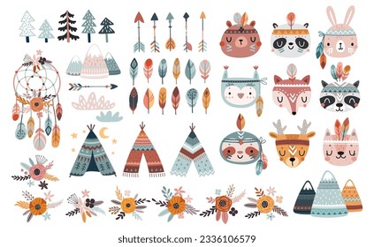 Cute American Indian set with animals - rabbit, deer, cat, fox, bear, panda, raccoon, owl, sloth Childish characters for your design. Vector illustration.