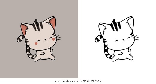 Cute American Shorthair Cat Clipart for Coloring Page and Illustration. Happy Clip Art Kitten. Vector Illustration of a Kawaii Animal for Stickers, Prints for Clothes, Baby Shower, Coloring Pages.
