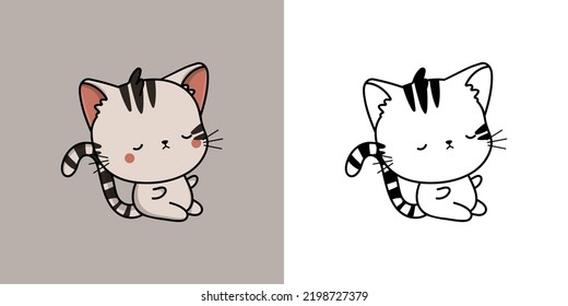 Cute American Shorthair Cat Clipart Illustration and Black and White. Funny Clip Art Cat. Vector Illustration of a Kawaii Animal for Coloring Pages, Stickers, Baby Shower, Prints for Clothes.
