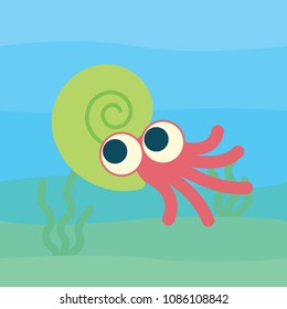 Cute Ammonoid swimming. Vector illustration of prehistoric character in flat cartoon style isolated on underwater background. Funny red Ammonite with big eyes in green spiral shell. Element for design