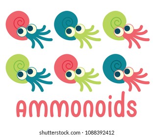 Cute Ammonoids. Vector illustration of prehistoric character in flat cartoon style isolated on white background. Funny Ammonite with big eyes in spiral shell. Element for design. Variants of coloring.