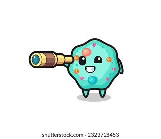 cute amoeba character is holding an old telescope , cute style design for t shirt, sticker, logo element