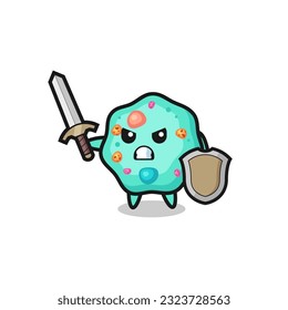 lindo soldado ameba luchando con espada y escudo, diseño de estilo lindo para camiseta, pegatina, elemento logo