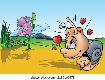 Cute Amorous Snail with Hearts - Colored Cartoon Illustration with Background, Vector