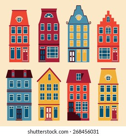 Cute Amsterdam houses colorful set. Vector illustration