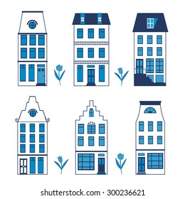 Cute Amsterdam houses colorful set. Vector illustration