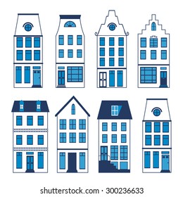 Cute Amsterdam houses colorful set. Vector illustration