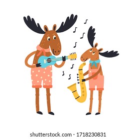 Cute amusing elk family playing musical instruments. Moose father and child with guitar and saxophone isolated on white background. Animal with baby, cub. Vector illustration in flat cartoon style