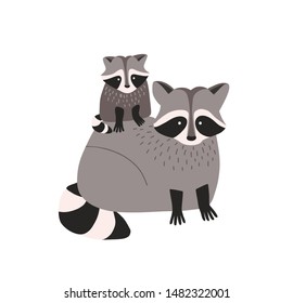 Cute amusing raccoon with cub isolated on white background. Family of funny adorable wild forest carnivorous animals. Parent with baby, mother and child. Flat cartoon colorful vector illustration.