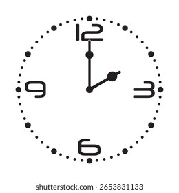 Relógio de parede analógico bonito em preto no fundo branco mostra 2 horas, ilustração vetorial isolado, eps