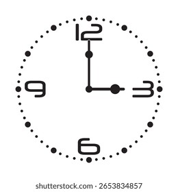 Relógio de parede analógico bonito em preto no fundo branco mostra 3 horas, ilustração vetorial isolado, eps