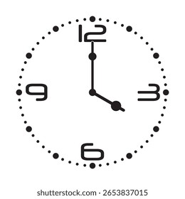 Relógio de parede analógico bonito em preto no fundo branco mostra 4 horas, ilustração vetorial isolado, eps