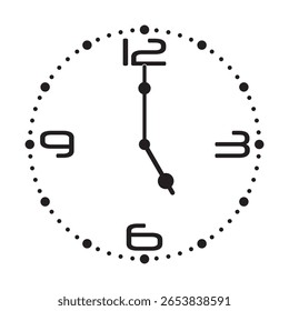Relógio de parede analógico bonito em preto no fundo branco mostra 5 horas, ilustração vetorial isolado, eps