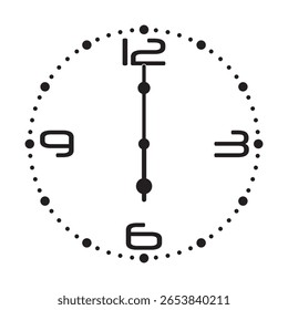 Relógio de parede analógico bonito em preto no fundo branco mostra 6 horas, ilustração vetorial isolado, eps