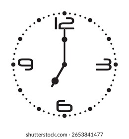 Relógio de parede analógico bonito em preto no fundo branco mostra 7 horas, ilustração vetorial isolado, eps