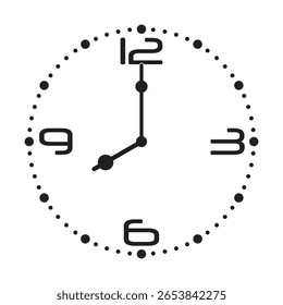 Relógio de parede analógico bonito em preto no fundo branco mostra 8 horas, ilustração vetorial isolado, eps