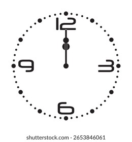 Relógio de parede analógico bonito em preto no fundo branco mostra 12 horas, ilustração vetorial isolado, eps
