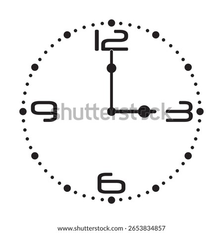 Cute Analog Wall Clock in Black on White Background show 3 o'clock, vector illustration isolated, eps