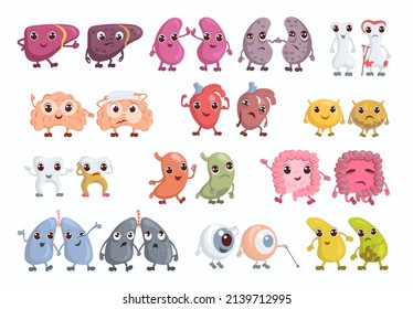 Cute anatomical organs. Healthy or unhealthy body parts. Livers and eyes. Lungs with funny faces. Bones or teeth. Damaged and whole. Kids medical education. Vector