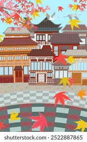 bonito cidade asiática antiga. outono paisagem urbana oriental com rebanho voador de guindastes e folhas de bordo japonês caindo